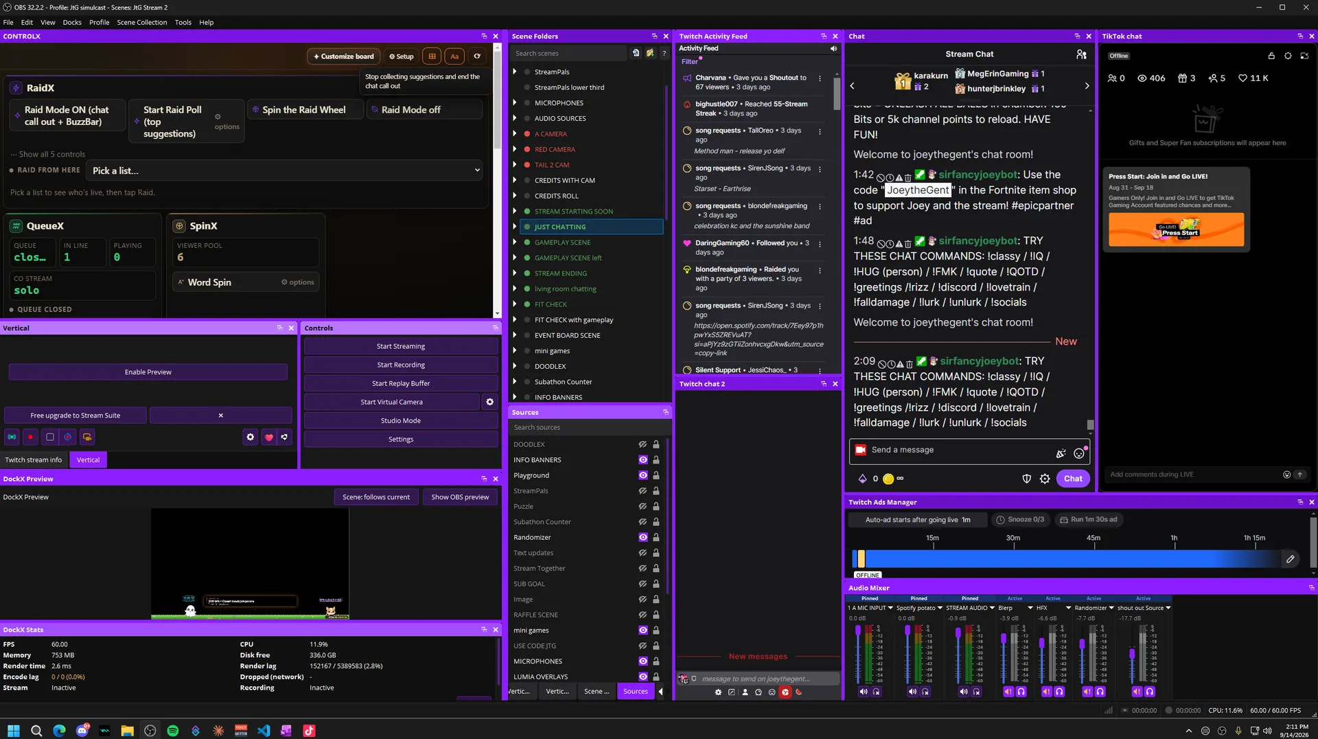 A full DockX layout in OBS: a tall chat column beside stacked panels, an editable preview dock, scene folders, activity feed and audio mixer