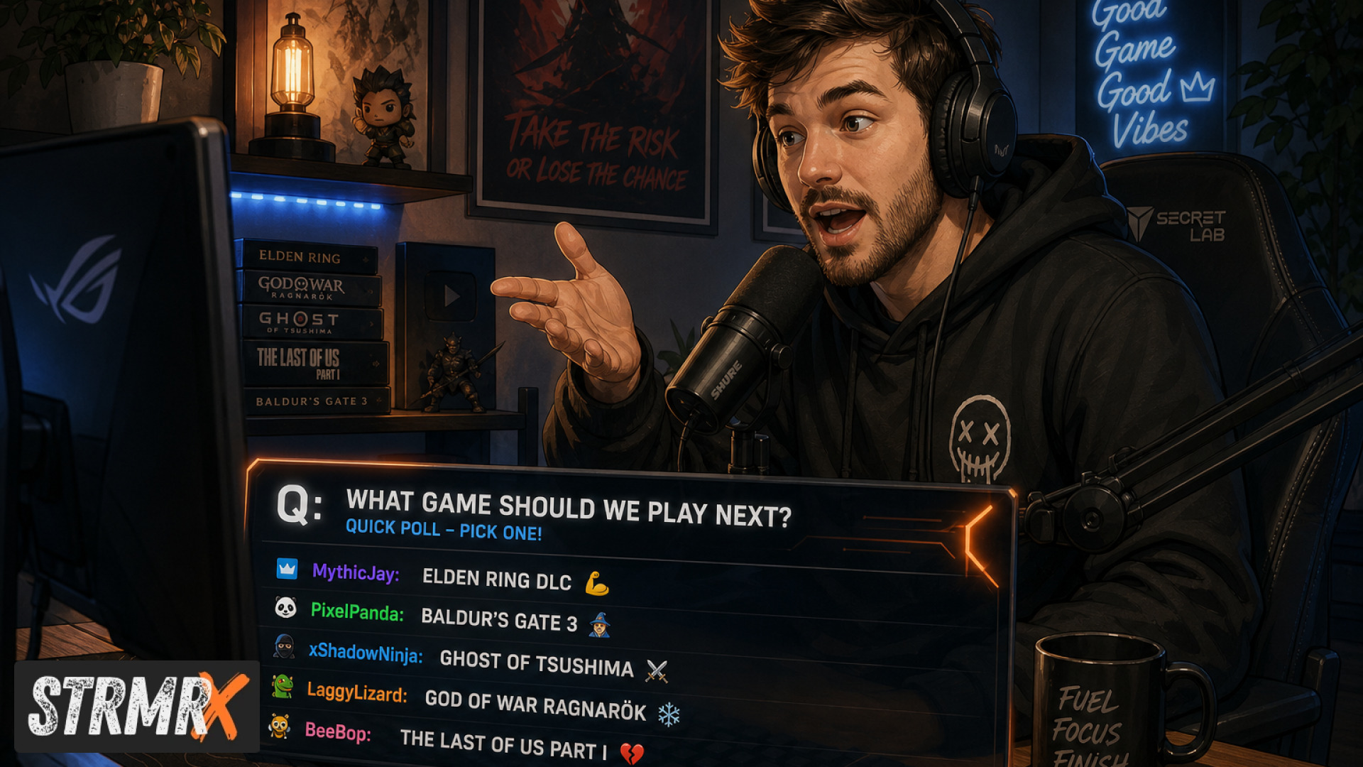Streamer prompting chat with a call-and-response question overlay on screen