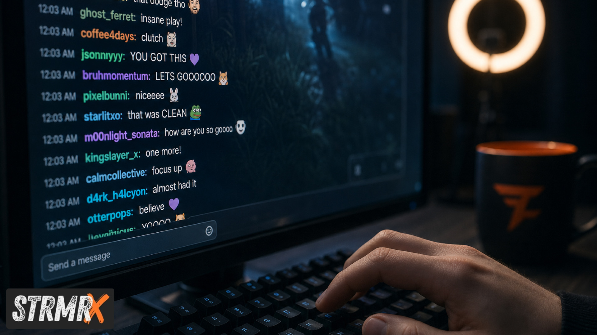 Twitch chat overlay displayed beside a Just Chatting streamer's live video