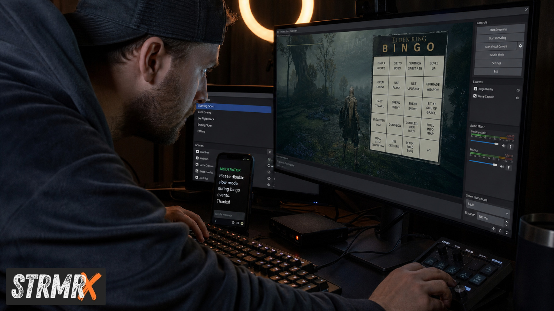 Streamer testing a new interactive Twitch overlay before a finale broadcast