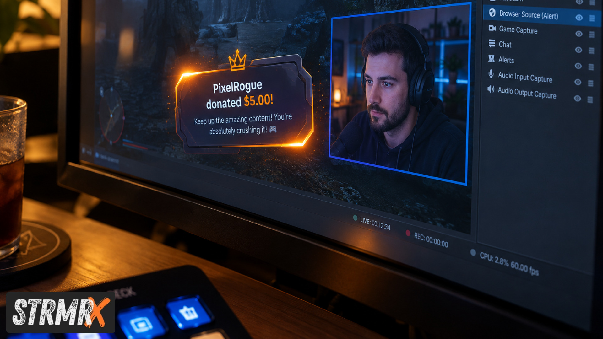 Streamer OBS layout showing a tips screen overlay beside webcam