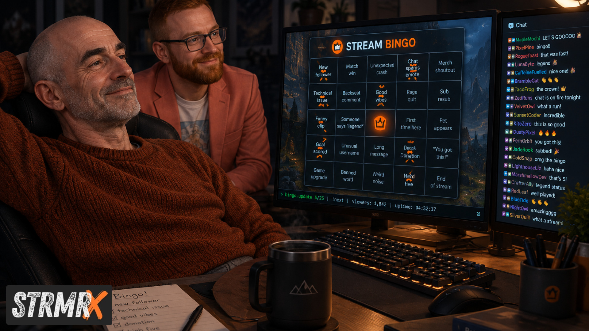 Twitch chat games overlay showing bingo card and chat commands on stream